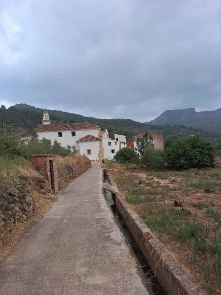 Picturesque Street Flower Pots Facades White Village Montanejos Castellon Plana — Stok Foto