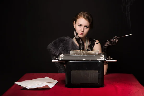 Noir film journalist girl at work — Stock Photo, Image