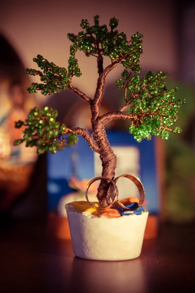 Mooie trouwringen op handgemaakte boom — Stockfoto
