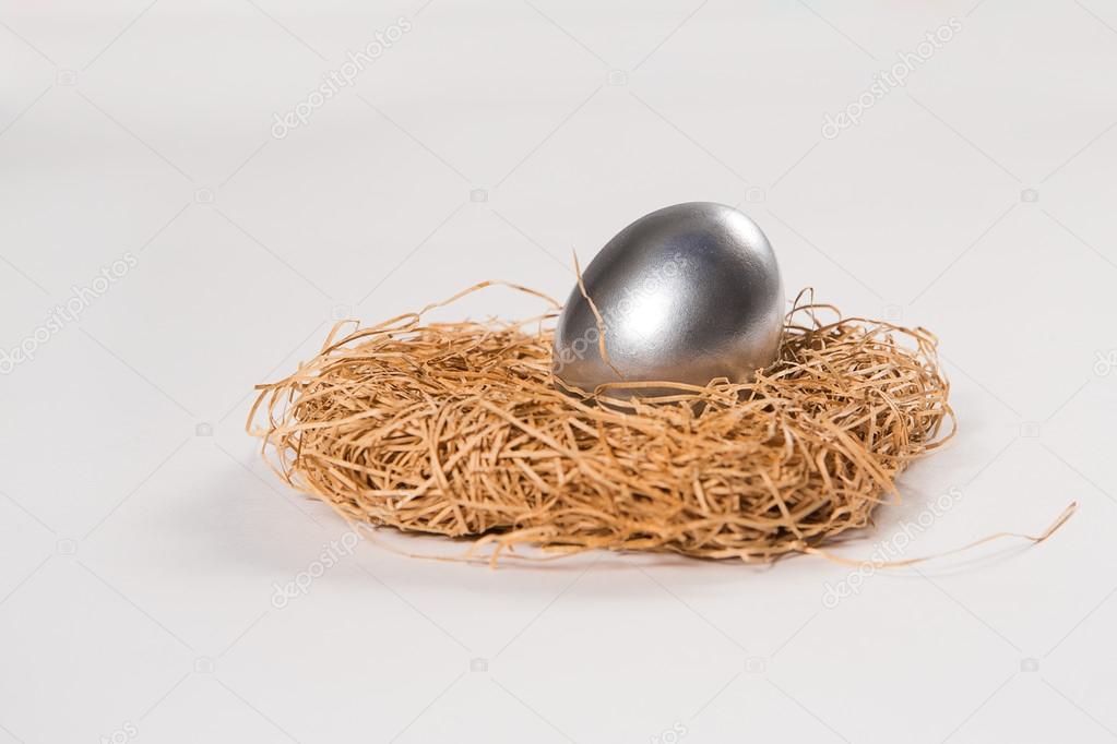 One silver egg in a nest.