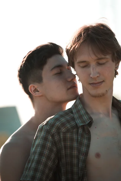 Açık havada mutlu bir eşcinsel çiftin portresi.