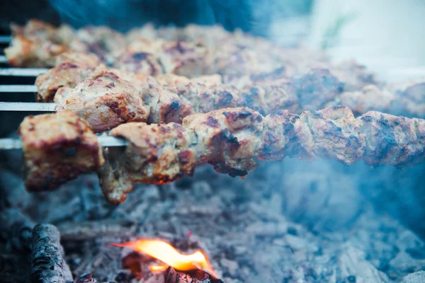 Мясо для барбекю ломтики готовятся на огне — стоковое фото