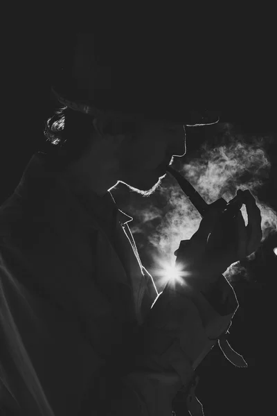 Black and white old-fashioned portrait of smiling man with cigar — Stock Photo, Image