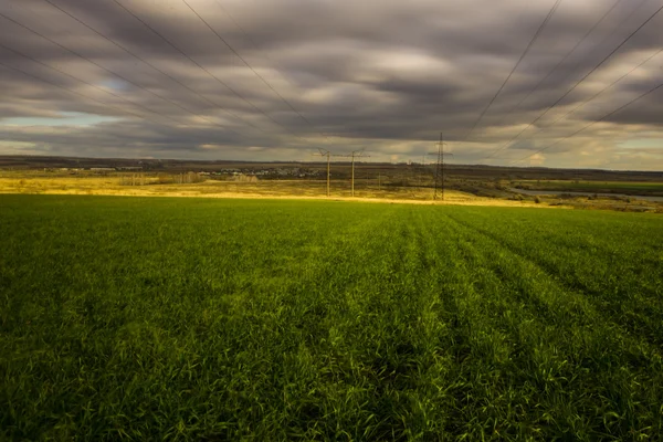 Pilones de energía en un campo en una mañana brumosa en los Países Bajos —  Fotos de Stock