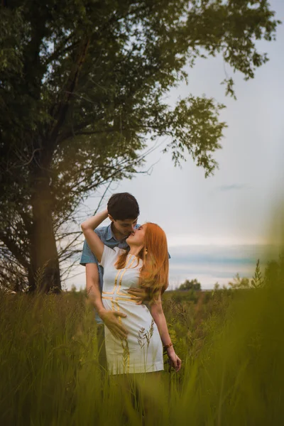 Happy young couple kissing on a ripe field — Stock Photo, Image