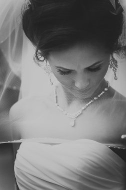 güzel bir gelin siyah beyaz portre kapatmak güneş ışığı parlıyor