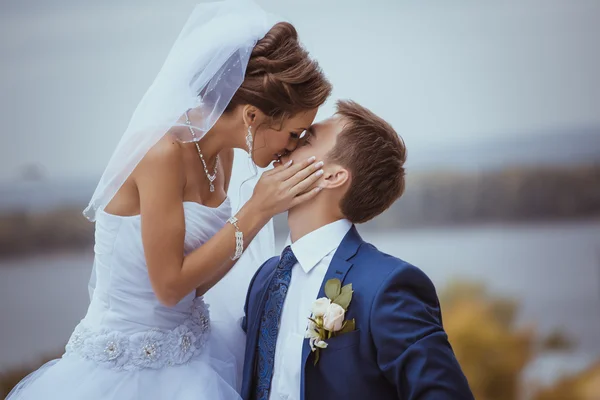 若い結婚式のカップルのキス. — ストック写真