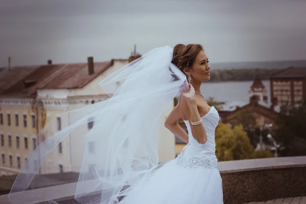 Glückliche Braut im weißen Kleid — Stockfoto