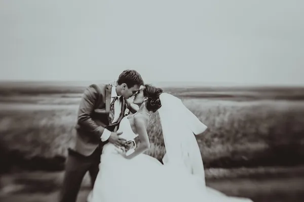 Bride and groom wedding portraits in nature selective focus — Stock Photo, Image