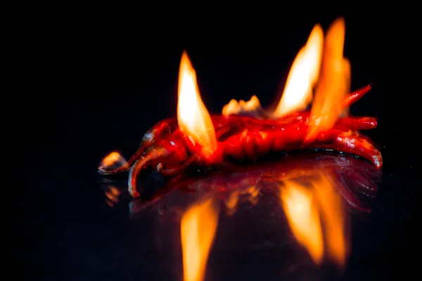 Rote scharfe Chilischote in Flammen auf schwarzem Hintergrund — Stockfoto