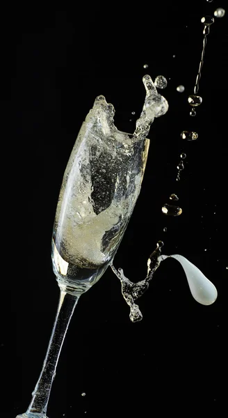 Kieliszek szampana z splash, na białym tle na czarnym tle — Zdjęcie stockowe