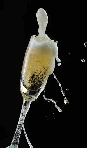 Glass of champagne with splash, isolated on black background — Stock Photo, Image