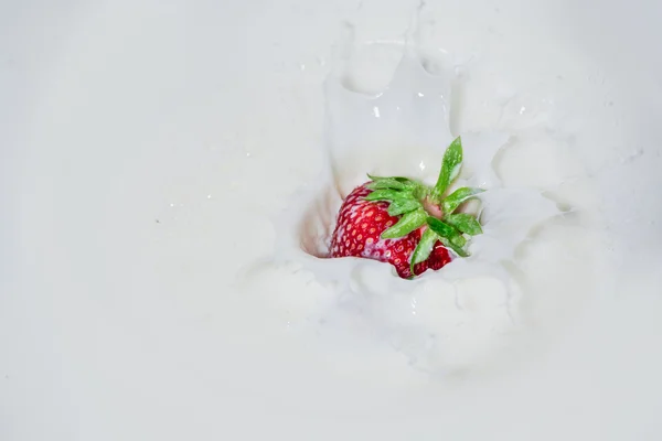 Strawberry falling into splashing milk. Isolated on white. — Stock Photo, Image