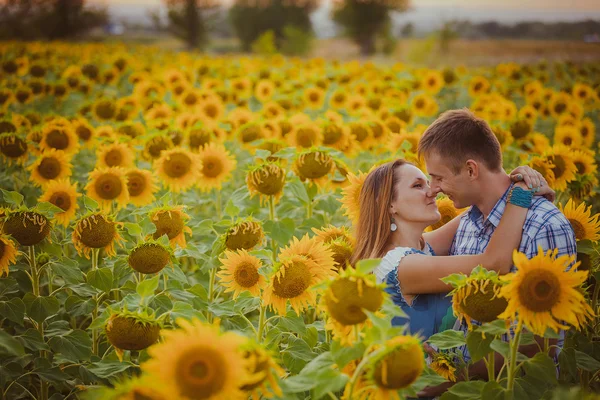 Hou paar staande buitenshuis in zonnebloem veld — Stockfoto