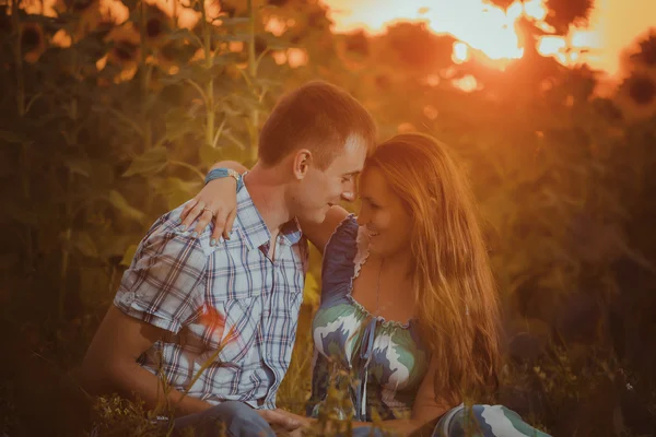 Dragoste cuplu în picioare în aer liber în câmp de floarea soarelui — Fotografie, imagine de stoc