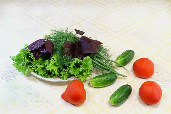 Laitue, aneth, oignons et légumes : tomates, concombres , — Photo