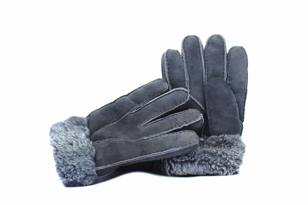Pelz Winterhandschuhe graue Farben auf weißem Hintergrund. — Stockfoto