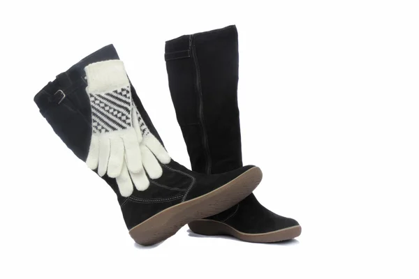 Black womens winter boots and white gloves. — Stock Photo, Image