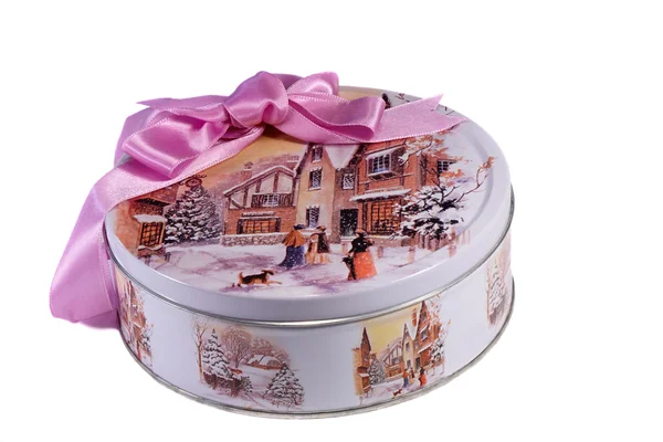 Gift: a beautiful box with the image of winter, decorated with a — Stock Photo, Image