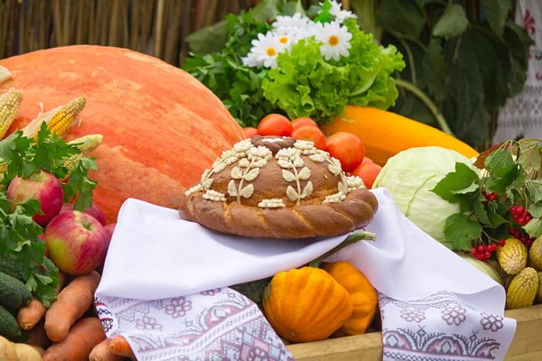 Vacker tårta på en vit handduk, grönsaker, frukt. — Stockfoto