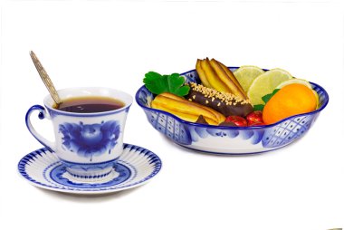 fincan çay, kek, tatlı, meyve tabağı, t tarzında boyalı