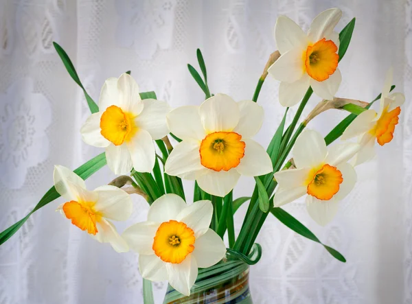 Des narcisses en fleurs dans un vase sur une table . — Photo