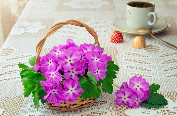 Panier ondulé avec violettes en fleurs sur une table . — Photo