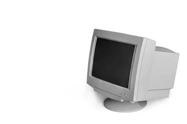 小さな画面でコンピュータモニタの古いモデル 白い背景 クローズアップ コピースペースに隔離されています — ストック写真
