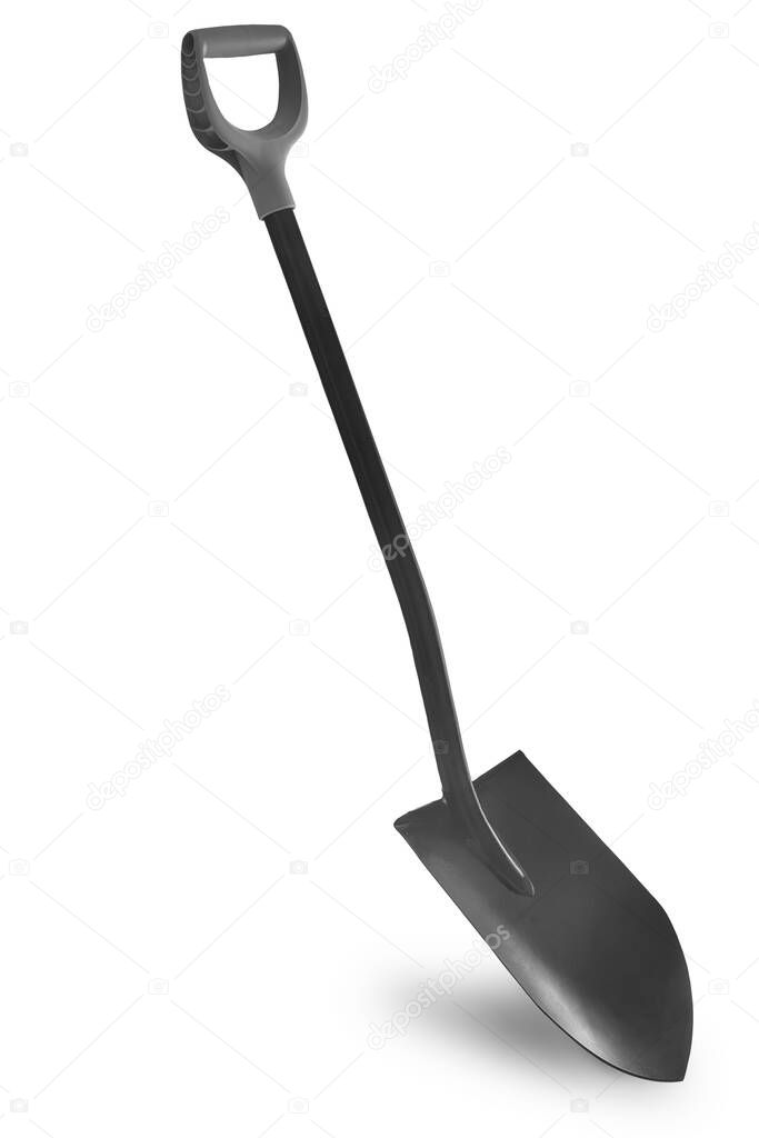 Steel bayonet shovel for excavation in the garden and vegetable garden on a white background. Front view.