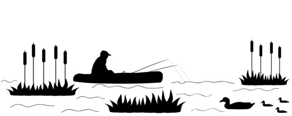 Σιλουέτα ο ψαράς στη λίμνη. — Διανυσματικό Αρχείο