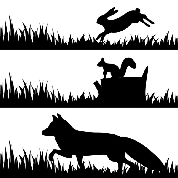 Establecer siluetas de animales en la hierba . — Vector de stock