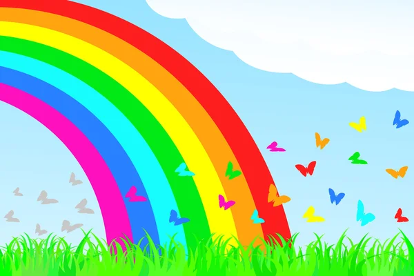 Una mariposa vuela a través del arco iris . — Archivo Imágenes Vectoriales