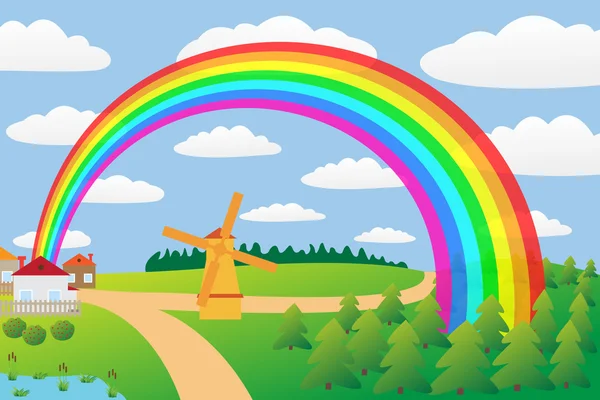 Rural landscape with a rainbow. — Stock Vector