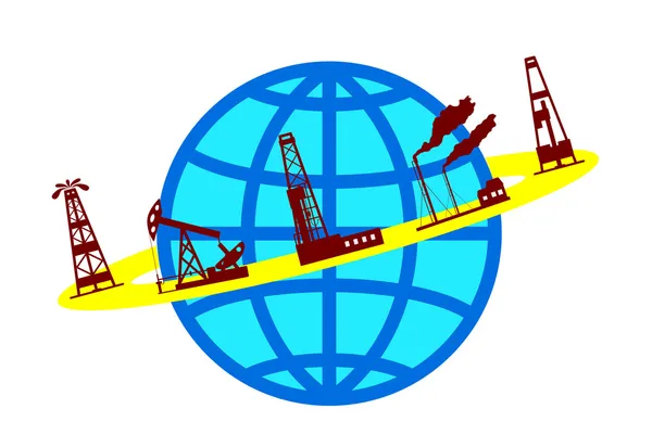 Глобусы и силуэты нефтяной промышленности . — стоковый вектор