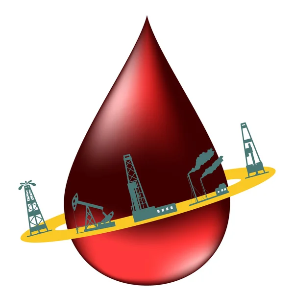 Drop of oil and the silhouettes of oil industry. — Stock Vector