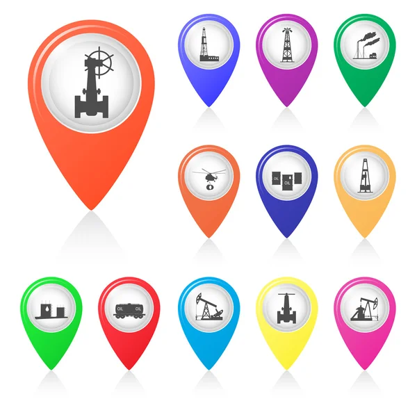 Set of silhouettes of oil industry in map markers. — Stock Vector