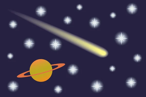 Satürn ve yıldızlı gökyüzünün kuyruklu yıldız.