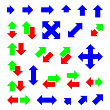 Beyaz arkaplanda renkli oklar kümesi.