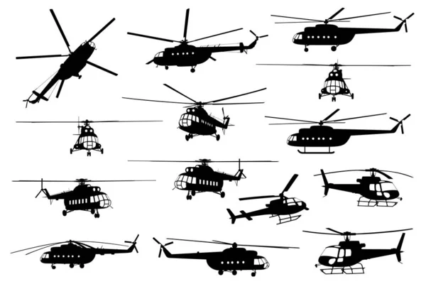 Helikopter sziluetteket ábrázoló képek.. — Stock Vector