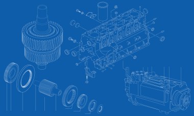 araba motoru kesitler, vektör çizim karmaşık mühendislik çizimi