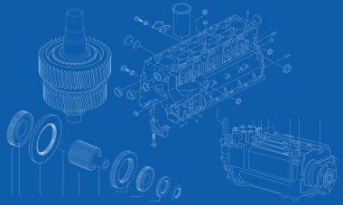 Complicated engineering drawing of car engine sections, vector illustration clipart