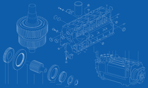 Complicated engineering drawing of car engine sections, vector illustration