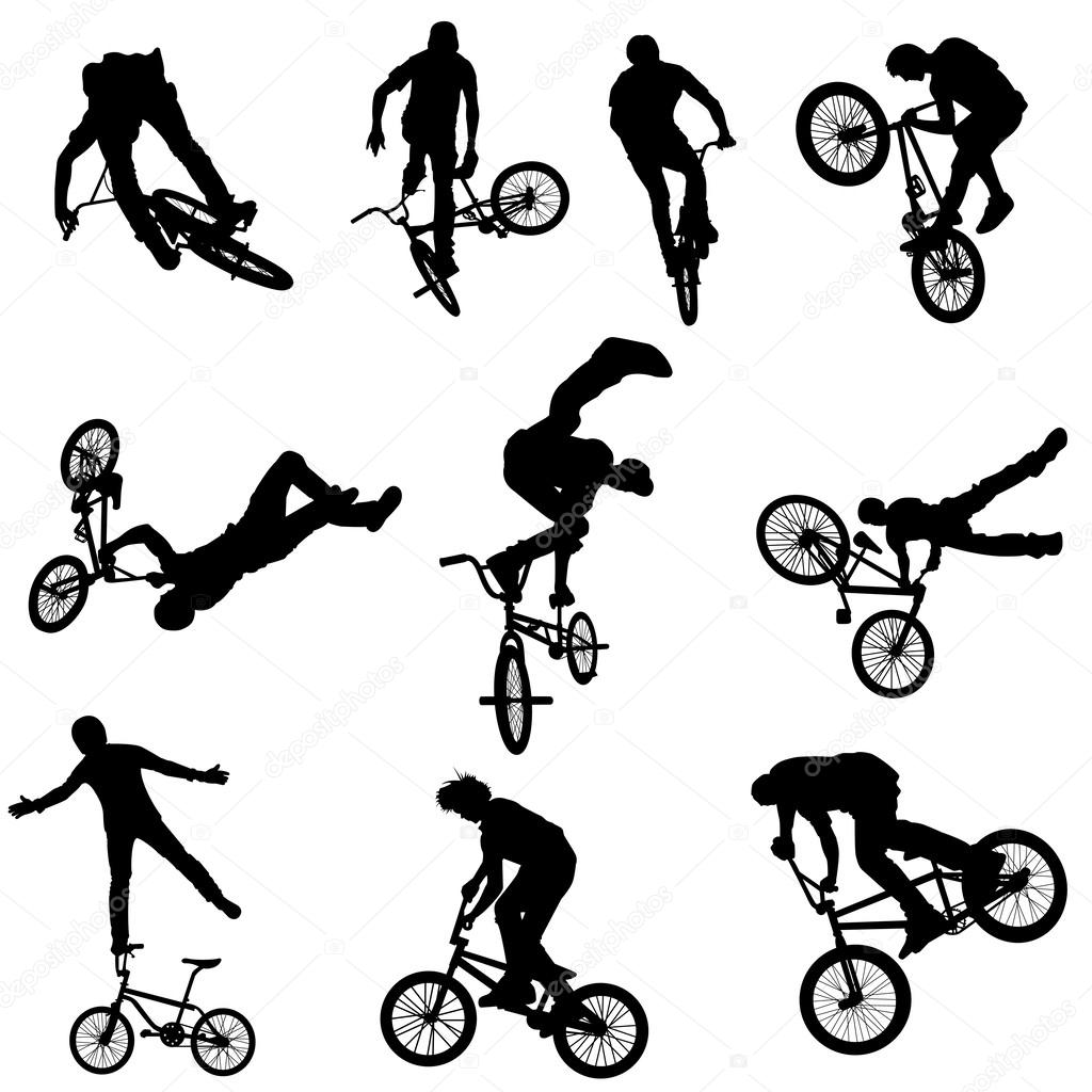 Set of bicycle riders, cyclists, bicyclists with BMX Bike, BMX b