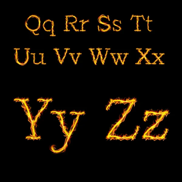 Q r s t u v w x y z Alfabetletters in brand vlammen — Stockvector
