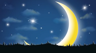 gece gökyüzü ve orman satırında parlak yıldız ile yeni ay