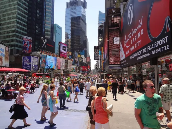 NEW YORK-JUNE 28: New York's Times Square near W 46th Street on June 28, 2012. Each year millions of flock to Times Square for New Year's Eve celebrations. — Stock Photo, Image