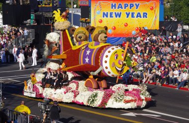 PASADENA, CALIFORNIA, USA - JANUARY 2: The Shriners Hospitals for Children float, SOARING FOR KIDS, is pictured during the 123rd edition of the Tournament of Roses Parade held January 2, 2012. clipart