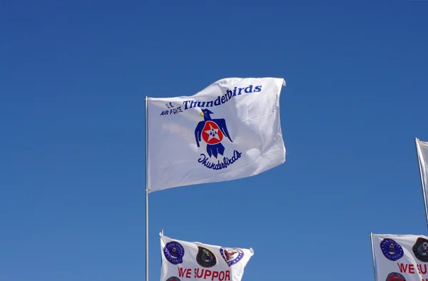 McGUIRE AIR FORE BASE-WRIGHTSTOWN, NEW JERSEY, USA-MAY 12: A flag featuring the logo of the United States Air Force THUNDERBIRDS was seen flying during the base's Open House held on May 12, 2012.