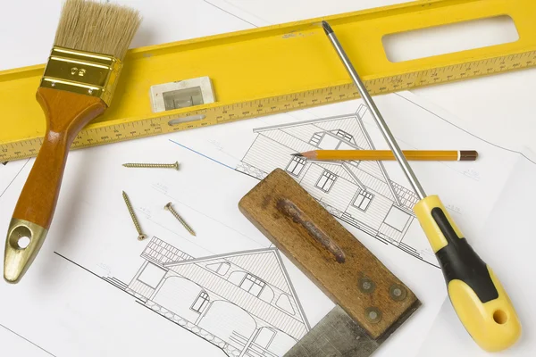 Tools over house plan — Stock Photo, Image