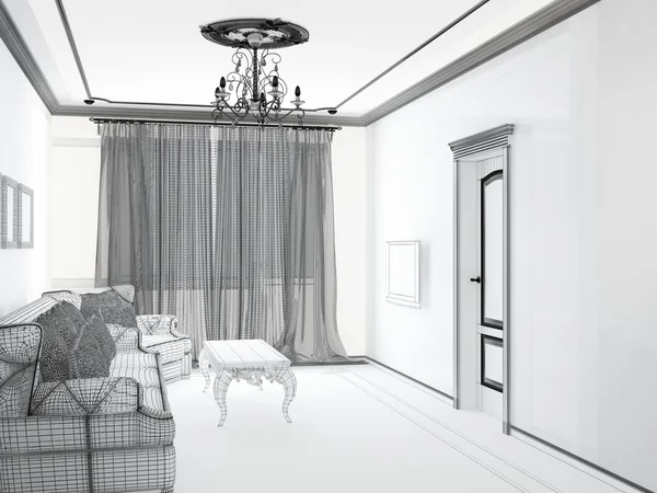 Sketch 3D dari ruang tamu interior — Stok Foto